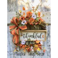 Fall wreath, Wreath for Fall, Frontdoor Fall wreath, Thankful sign wreath, wispy fall wreath, wreath with sign and bow, | Etsy (US)