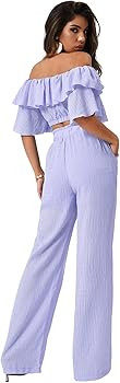 Romwe Women's 2 Piece Outfit Off The Shoulder Crop Top Wide Leg Pants Set | Amazon (US)