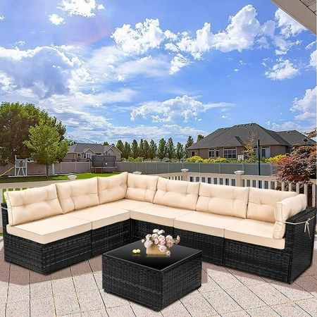 7 Piece Rattan Sectional Sofa Set, Outdoor Conversation Set, All-Weather Wicker Sectional Seating Group with Cushions & Coffee Table, Morden Furniture Couch Set for Patio Deck Garden Pool

#LTKhome #LTKSeasonal #LTKsalealert