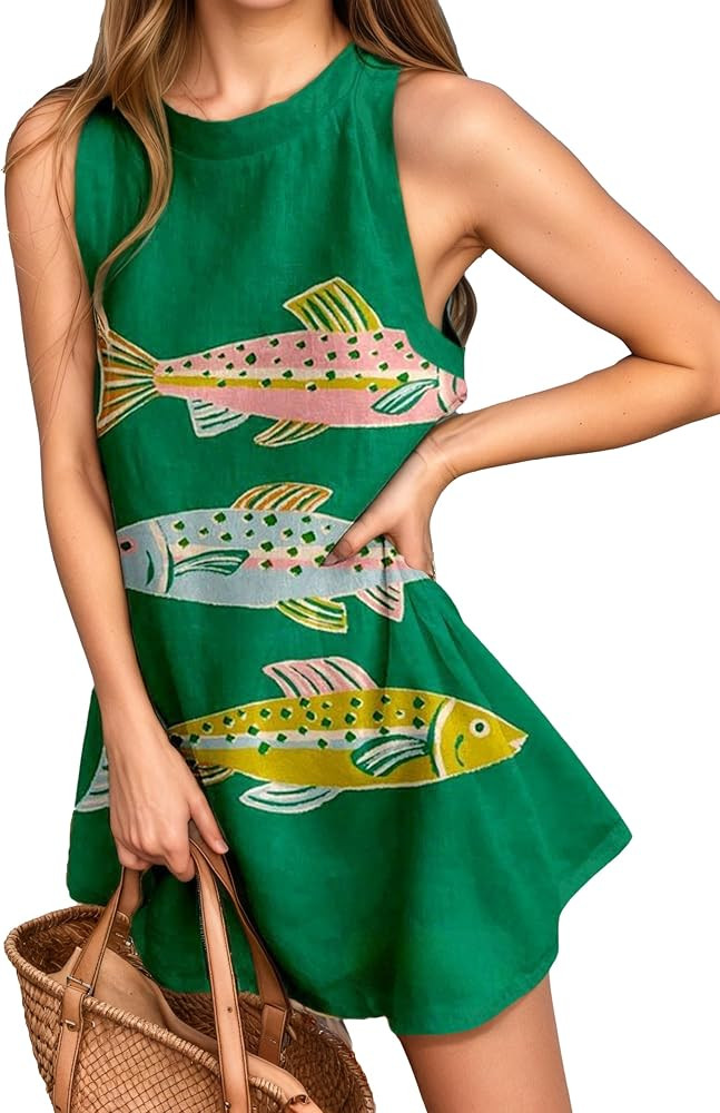 Women Boho Print Linen Mini Tank Dress Summer Casual Sleeveless Animal Loose A Line Beach Vacatio... | Amazon (US)