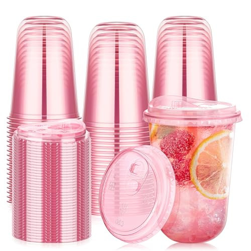 KesaPlan 50 Pack 16 oz Pink Plastic Party Cups with Sip Lids, Disposable Iced Coffee Cup with Lid, Round Bottom Stemless Glasses Drinking Cups for Valentine's Galentine's Bachelorette Party Holiday | Amazon (US)