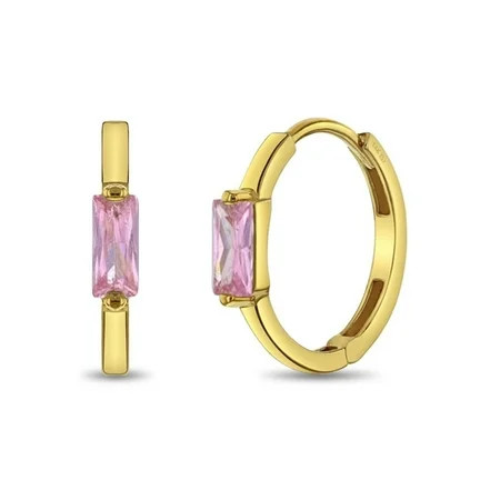 Pink Baguette Cut CZ Huggie 9mm Toddler / Kids / Girls Earrings Hoop - 14k Gold | Walmart (US)