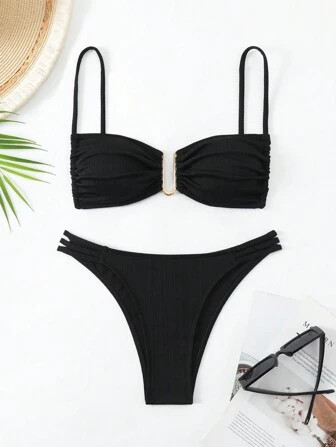 SHEIN Swim Summer Beach Women's Solid Color Ruched & Hollow Out Detail Bikini Set | SHEIN
