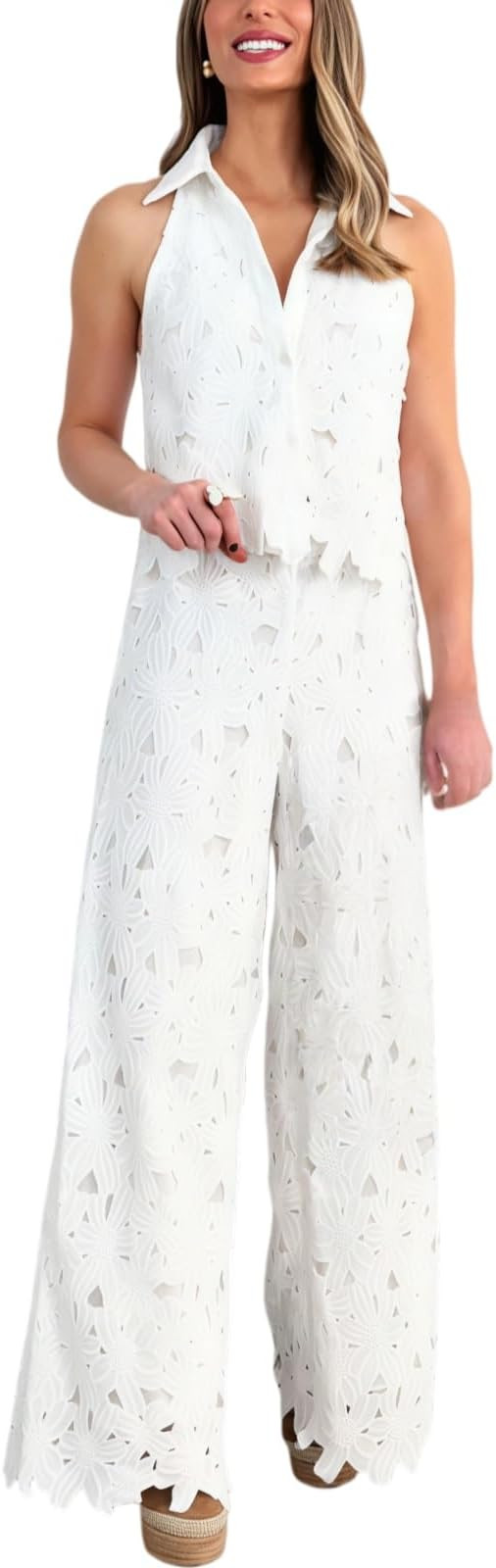 Two Piece Outfits For Women Lapel Hollow Out Lace Vest Pants Set Floral Sleeveless Cropped Vest A... | Amazon (US)