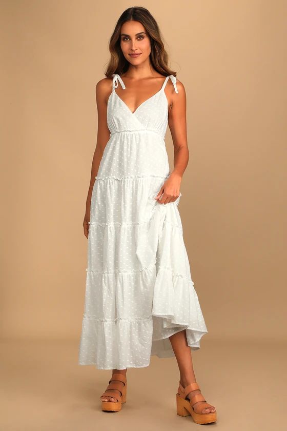 At the Dot White Dotted Tie-Strap Tiered Maxi Dress | Lulus (US)