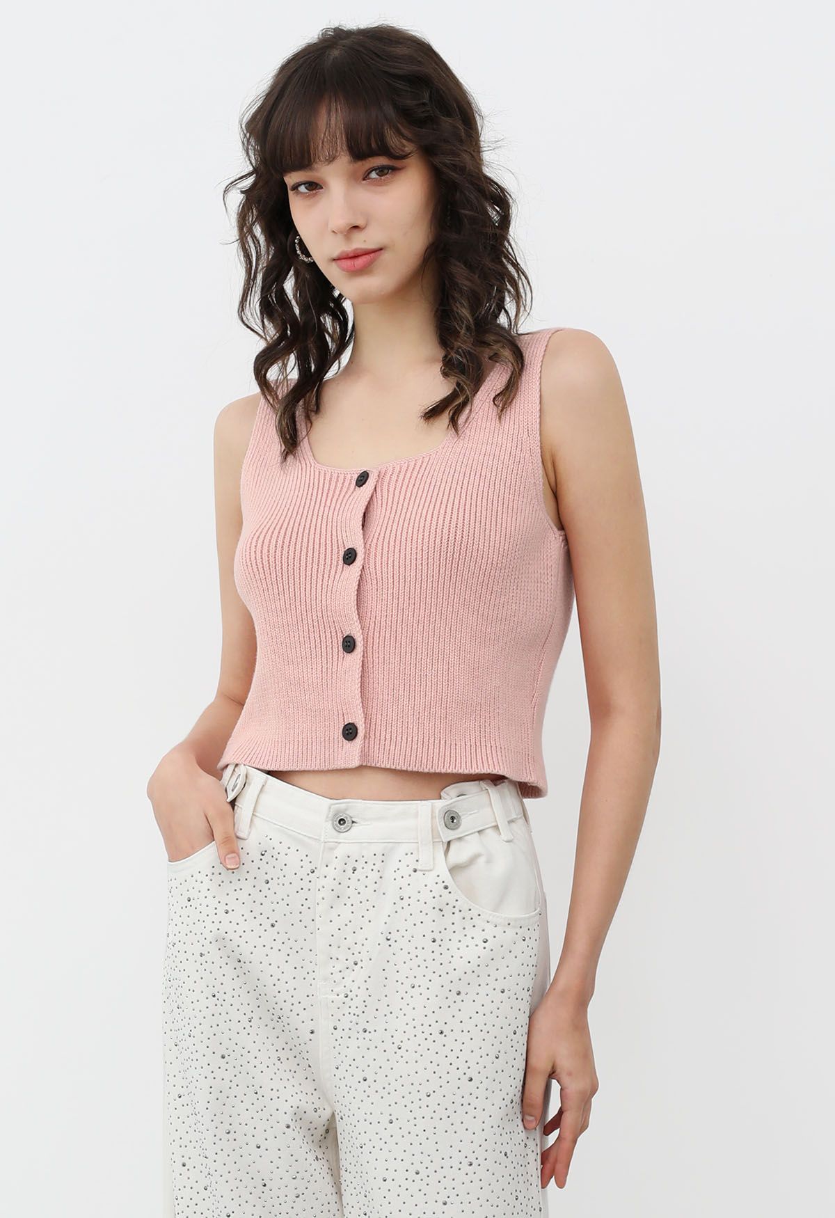 Button Down Sleeveless Knit Crop Top in Pink | Chicwish