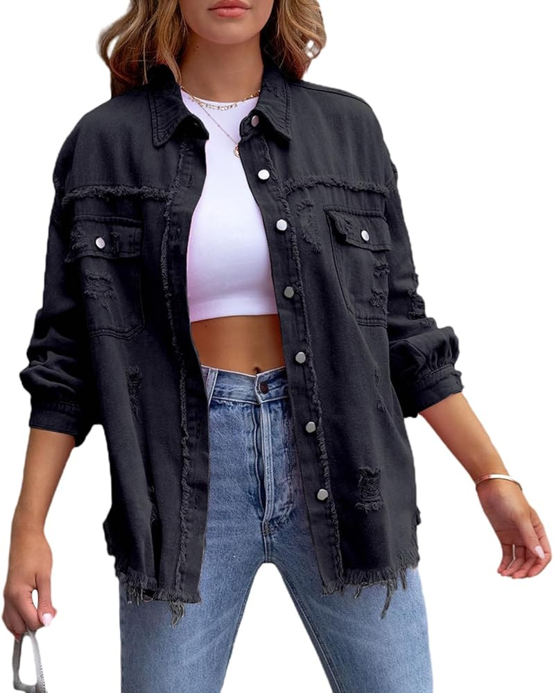 Women's Fall Winter Ripped Distressed Denim Jacket Long Sleeve Button Down Boyfriend Jean Coat Ou... | Amazon (US)