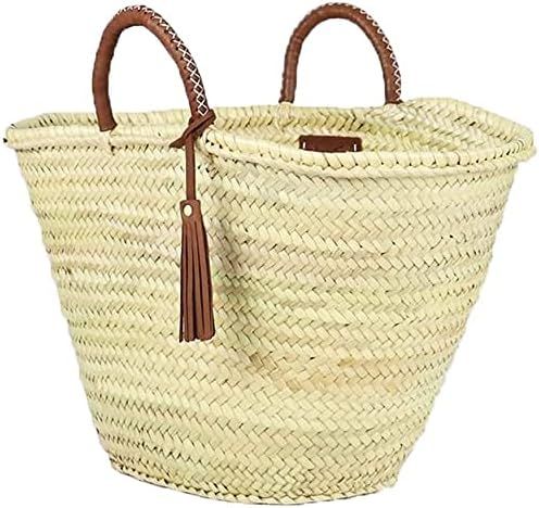 AnewStraw French Basket Bag, Moroccan Straw Beach Bag With Short Tan Strap Leather, Women Style B... | Amazon (US)