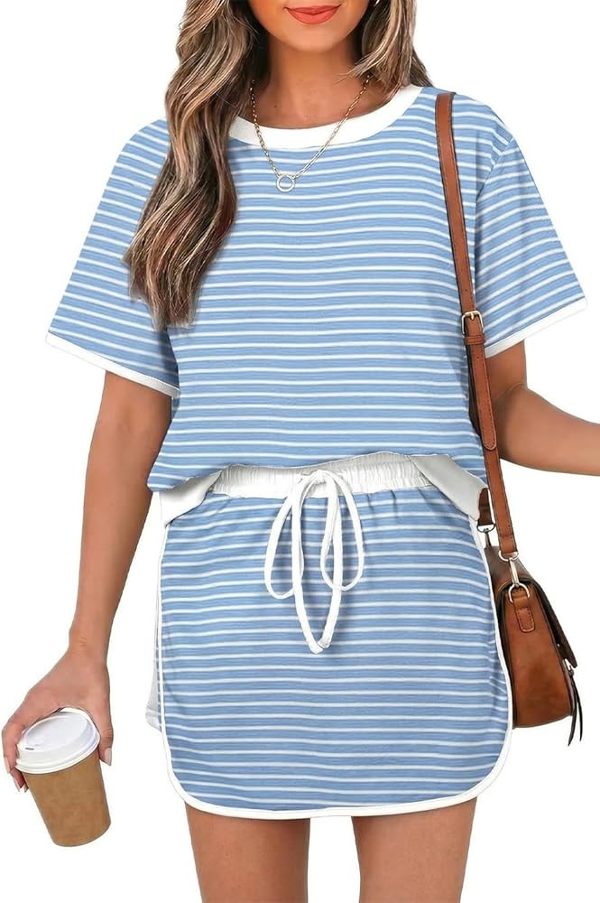 Opemiby Womens 2 Piece Skort Set 2026 Color Block Short Sleeve Top Drawstring Skort Matching Sets... | Amazon (US)