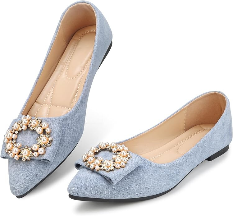 KUNWFNIX Women's Ballet Flats with Pearl Clip - Faux Suede Pointed Toe Slip On, Soft Comfortable ... | Amazon (US)