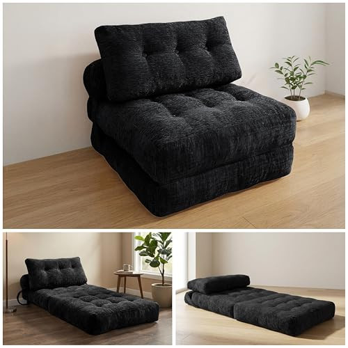 Oak and Birch Boneless Folding Sofa Bed, Convertible Floor Futon Chaise Lounge & Sleeper Bed, Shredded Foam Floor Couch for Living Room, Bedroom, Apartment, Chenille, Black | Amazon (US)