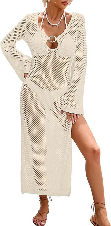 Womens Swimsuit Crochet Cover Up Knit Long Sleeve Swimwear Bikini Coverups 2026 Summer Vacation M... | Amazon (US)