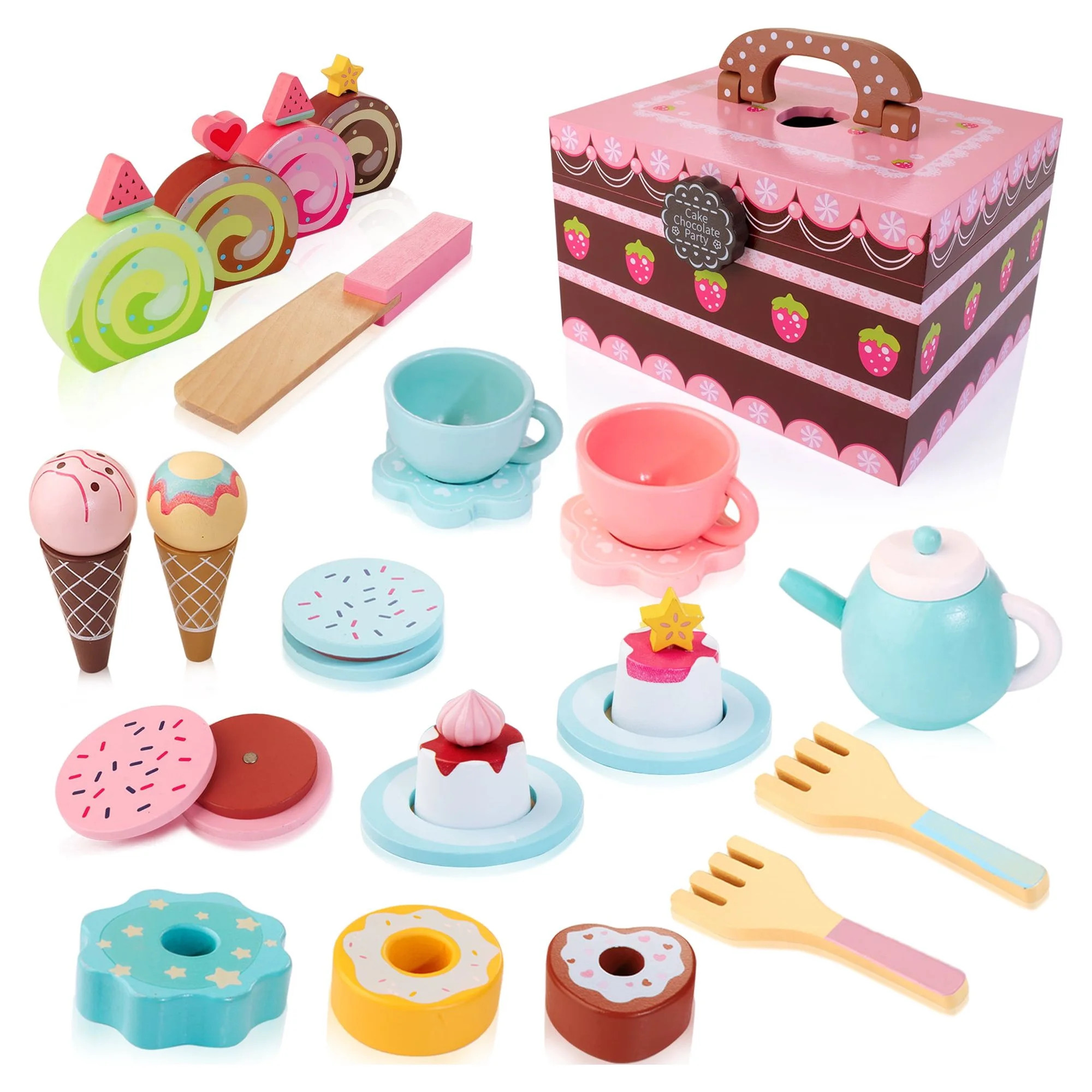 Wooden Tea Set for Little Girl, 30pcs Princess Tea Party Sets Toy with Case for Kids Wood Tea Set... | Walmart (US)