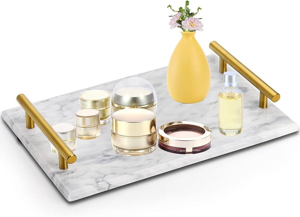 DEAYOU Marble Tray with Gold Handles, White Marble Stone Decorative Tray, 12" Nightstand Serving ... | Amazon (US)