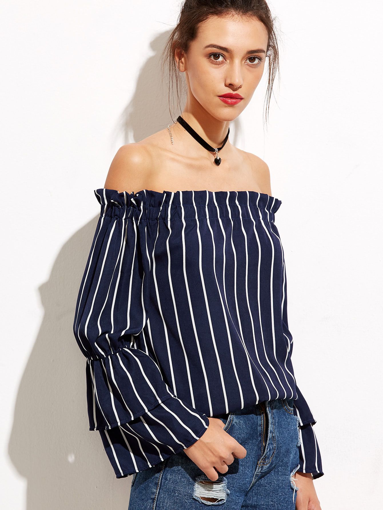 Navy Vertical Striped Off The Shoulder Ruffle Top | SHEIN