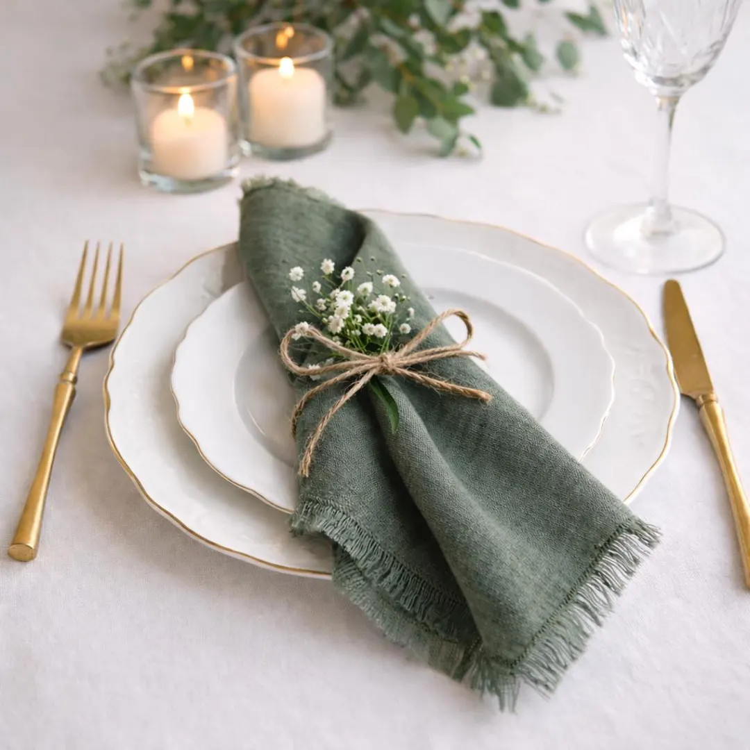 Dark sage green Ruffled Linen Napkins for Wedding Table Decor, Soft Washed Linen Dinner Napkins, ... | Etsy (US)