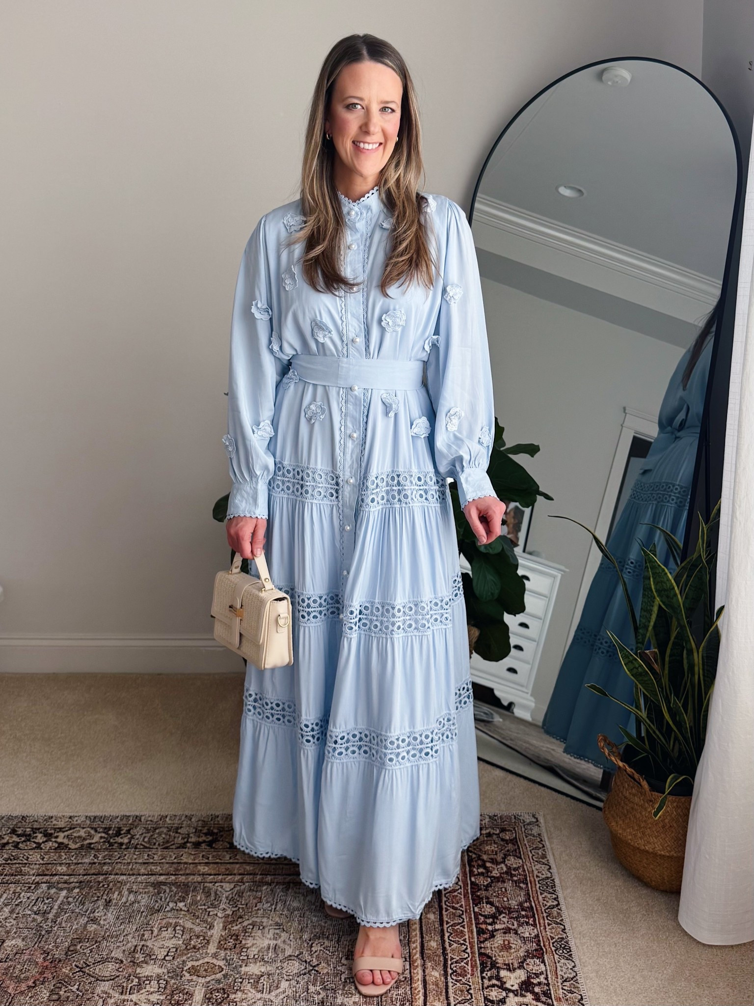 Such a stunner.  And nursing friendly!Perfect light blue Easter Dress. The floret details of this dress are beautiful to me. This one feels very “Princess Kate” to me. Also perfect if you’re a nursing mom with the functional buttons. 

I’m wearing a small. I am 5’4” wearing 4” heels for length reference. I couldn’t wear this with flats  


#LTKSeasonal #LTKFindsUnder100 #LTKStyleTip

#LTKSeasonal #LTKBaby #LTKWedding