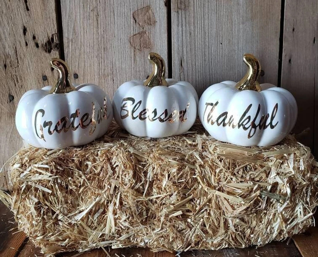 Thankful Grateful Blessed White and Gold Ceramic Pumpkins - Etsy | Etsy (US)
