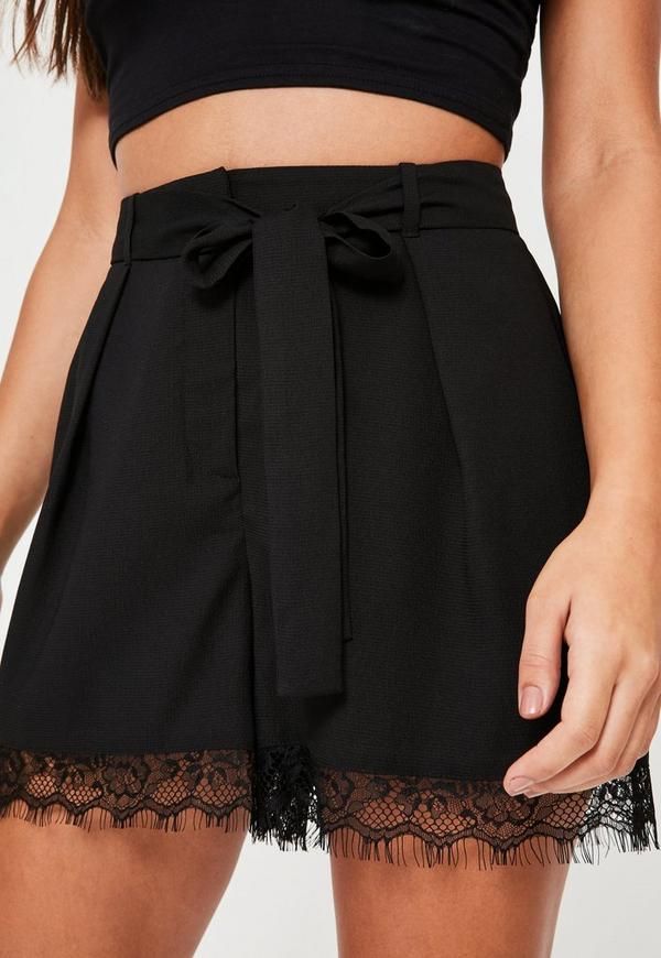 Black Satin Back Crepe Lace Hem Shorts | Missguided (US & CA)