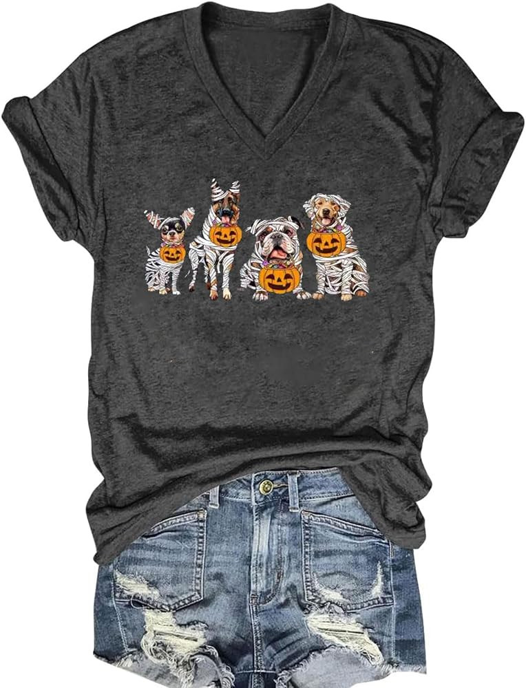 Fall V Neck T-Shirts Women Halloween Graphic Shirts Cute Pumpkin Ghost Tees Funny Holiday Family ... | Amazon (US)