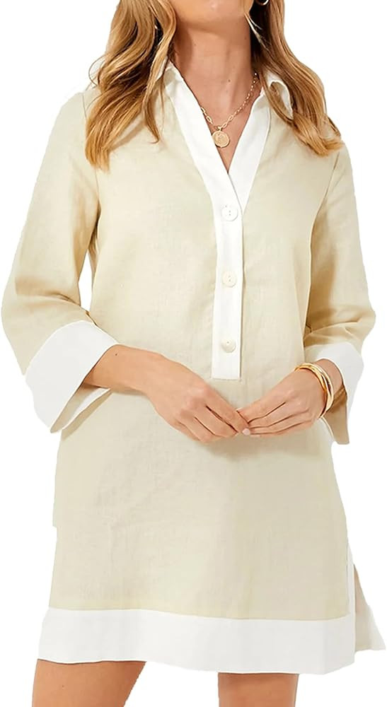 Kedera Women Botton Shirt Dress V Neck Short Sleeves Summer Linen Shift Tunic Dress with Pockets | Amazon (US)