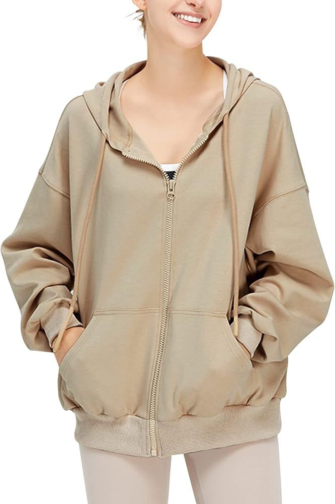 COZYPOIN Women's Zip Up Hooded Sweatshirt Y2K Oversized Casual Clothes Solid Color Jacket Tops fo... | Amazon (US)