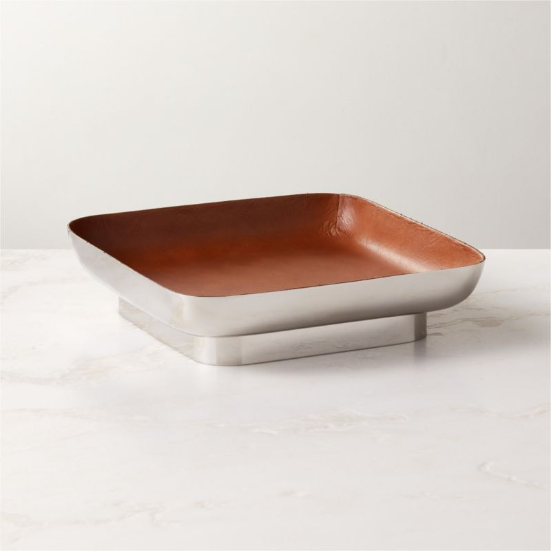 Mitri Stainless Steel and Brown Leather Decorative Tray + Reviews | CB2 | CB2