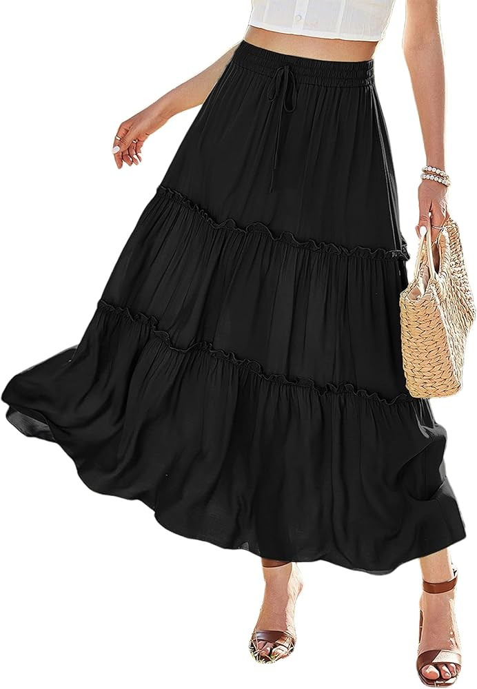 Avanova Women's Elastic High Waist A Line Layer Ruffle Swing Casual Long Maxi Skirt | Amazon (US)