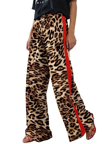 Rapbin Leopard Pants Women Elastic Waist Wide Leg Flowy Slacks Spring Vacation Outfits for Women Lounge Trousers (Leopard 2-S) | Amazon (US)
