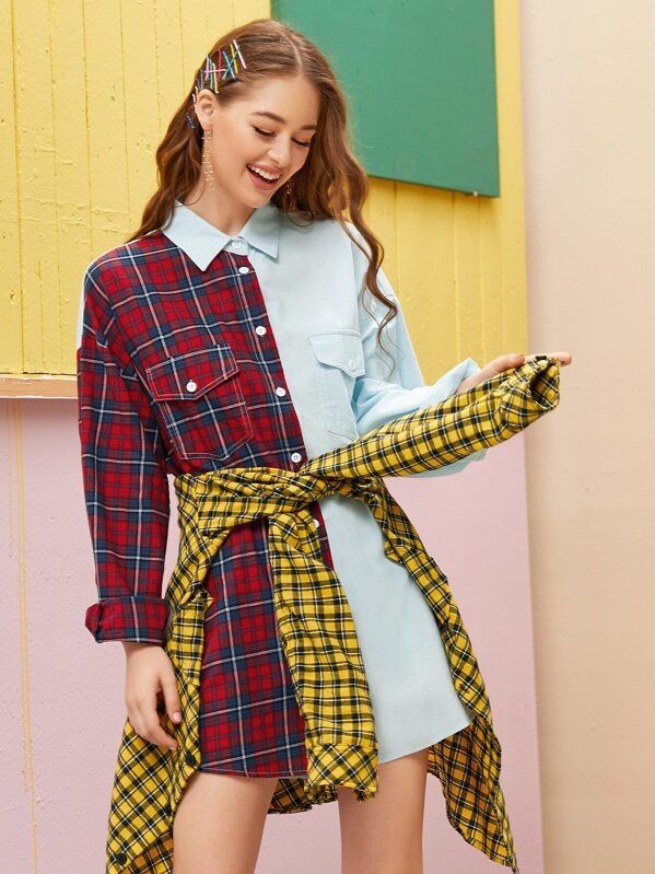 Contrast Plaid Pocket Front Shirt Dress | SHEIN