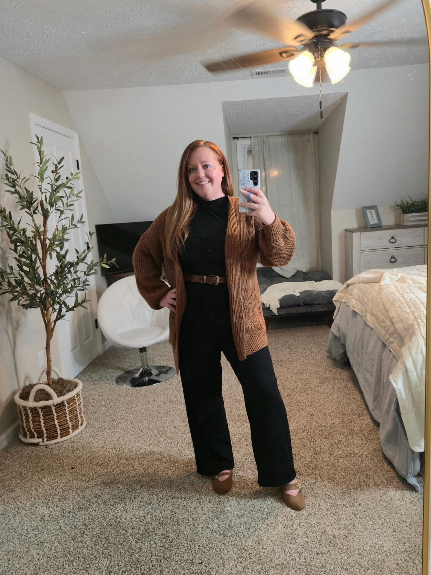 What I wore to church tonight for Wednesday service. This ribbed romper from amazon is super stretchy and fits true to size. Im in the large. I threw on a caramel brown cardigan (size medium) because I am loving brown and black together these days! Styled with a cute brown belt from Amazon and these double buckle Mary Jane’s from Target (wearing a size 9 and they fit true to size). 

Comment SHOP below to receive a DM with the link to this post on my LTK ⬇ https://liketk.it/5M8RY #midsizefashion #fashionover40 #ootd