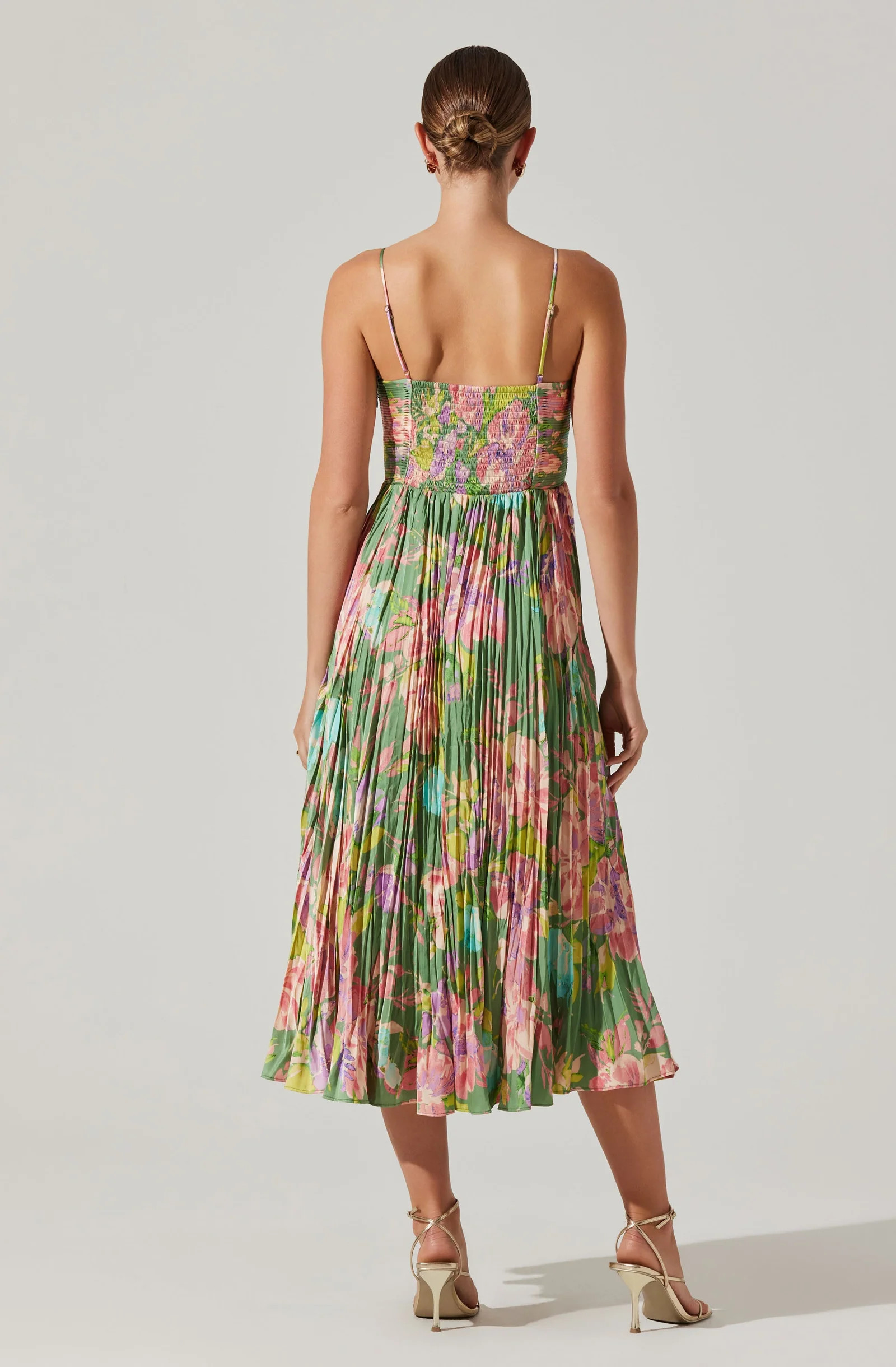 Maeve Pleated Satin Midi Dress - Green pink floral / XS | ASTR The Label (US)