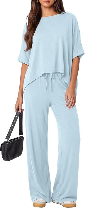 Darong Women's 2 Piece Outfits Matching Lounge Sets Short Sleeve Pullover Tops High Waisted Wide ... | Amazon (US)