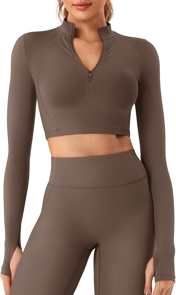 YEOREO Women Zip Up Long Sleeve Workout Crop Top Mock Neck Yoga Shirt | Amazon (US)