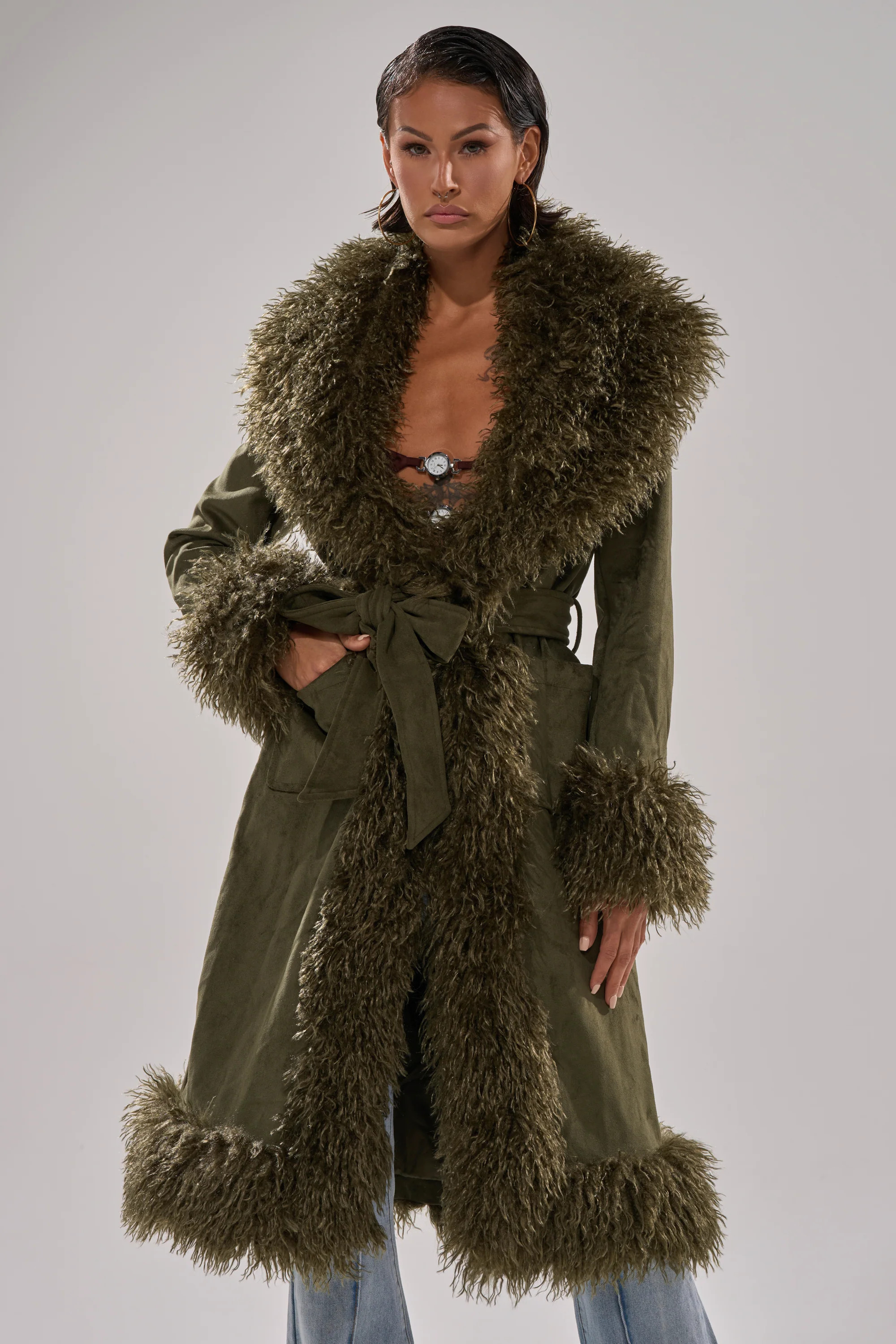 AKIRA Jade Fur Trim Trench Coat | Size XL | AKIRA