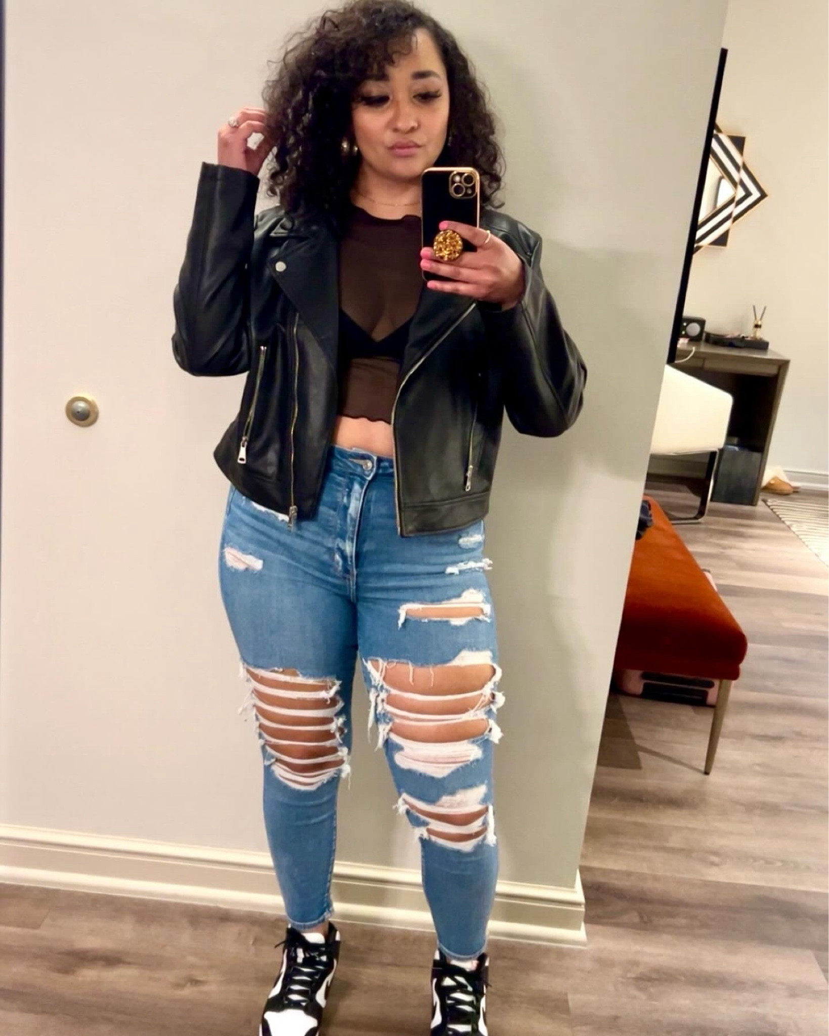 I love a comfy cute look for a night out! 
Faux leather jacket. Distressed jeans. Nike dunks. Sheer shirt. American eagle. SHEIN. Nike. Amazon. 

#LTKmidsize #LTKstyletip #LTKU