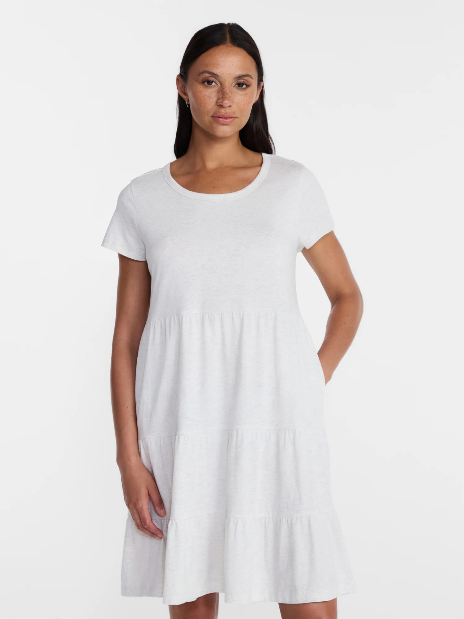 Time and Tru Women's Tiered Cotton Mini Dress with Short Sleeves, Sizes XS-XXXL | Walmart (US)