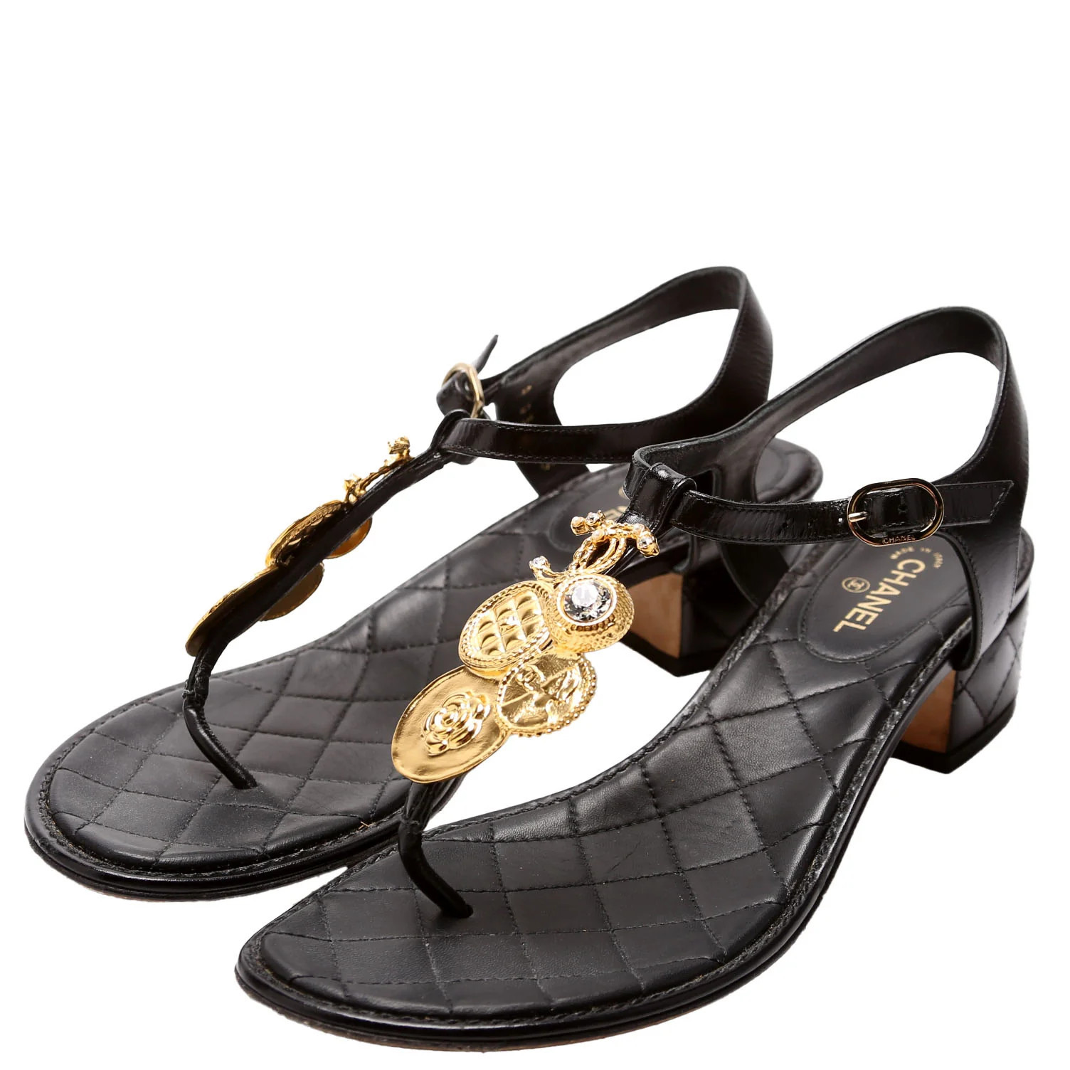 Medallion CC Thong Sandals Size 38 Black/Gold | Keeks Designer Handbags
