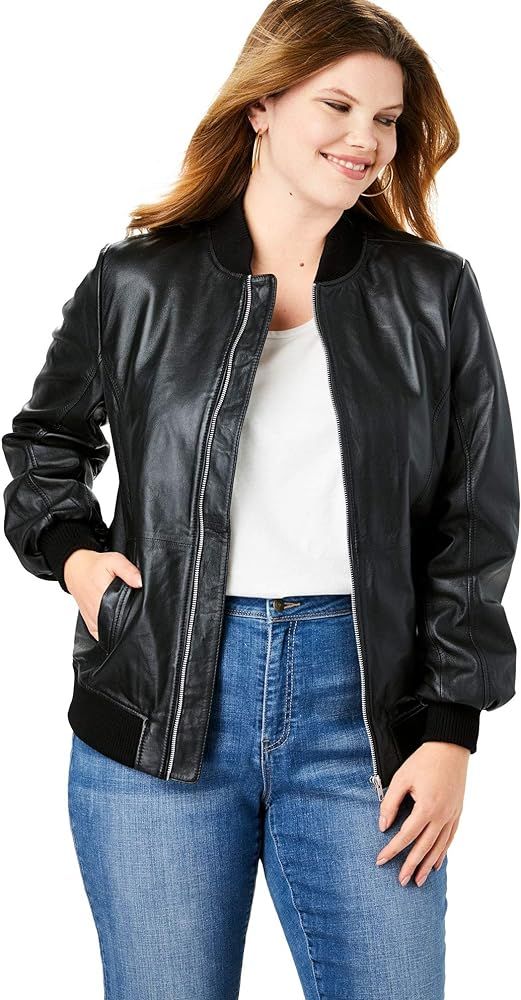 Roaman's Women's Plus Size Classic Leather Bomber Jacket | Amazon (US)
