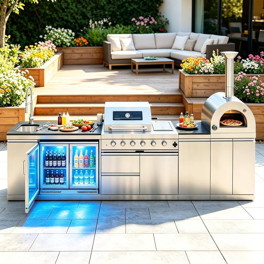 108,000 BTU Modular Outdoor Kitchen,150" Stainless Steel Propane Grill with Built-In Pizza Oven,S... | Amazon (US)