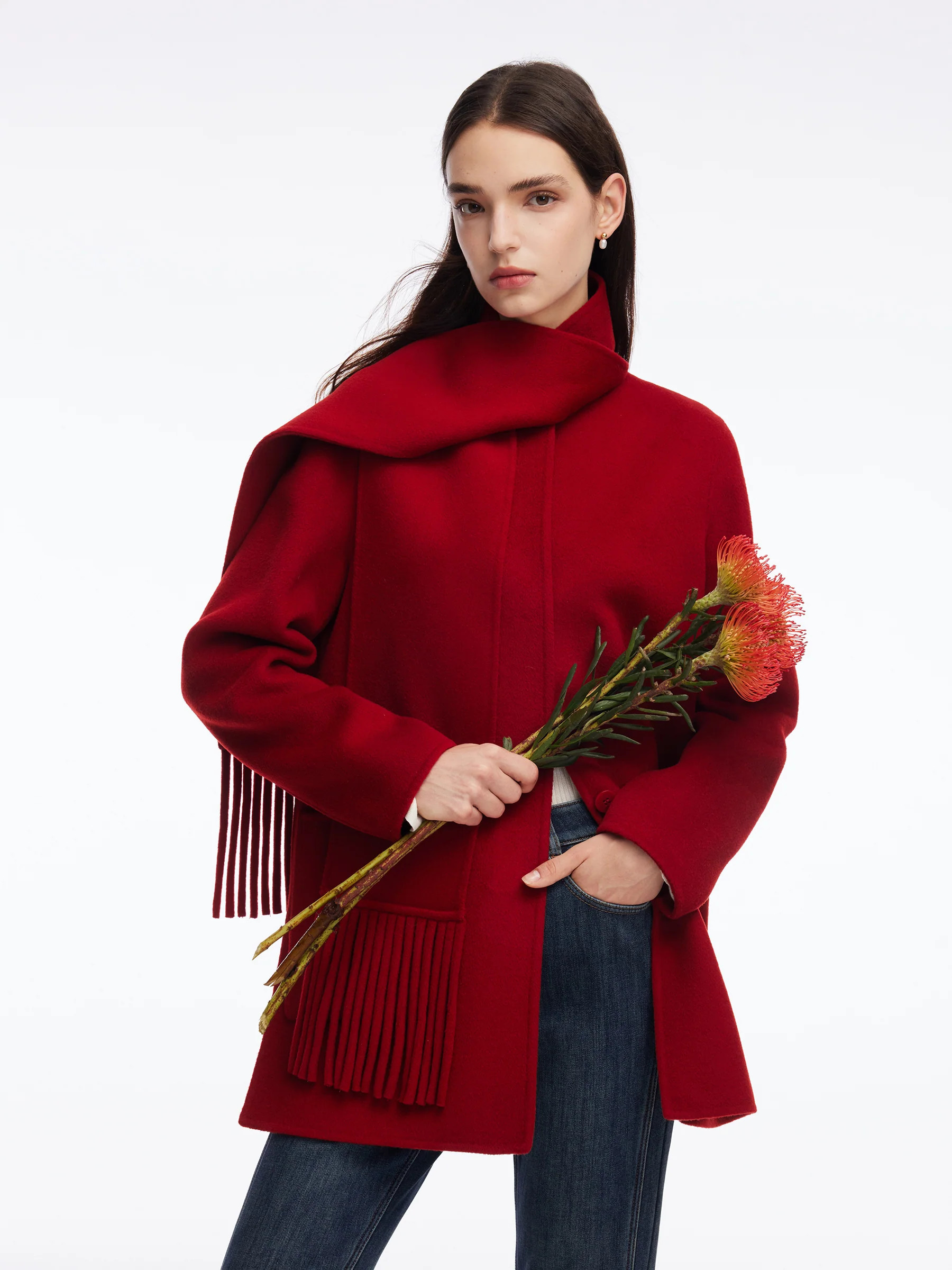 Tencel Wool Blend Double-Faced Women Coat With Fringe Scarf | GOELIA