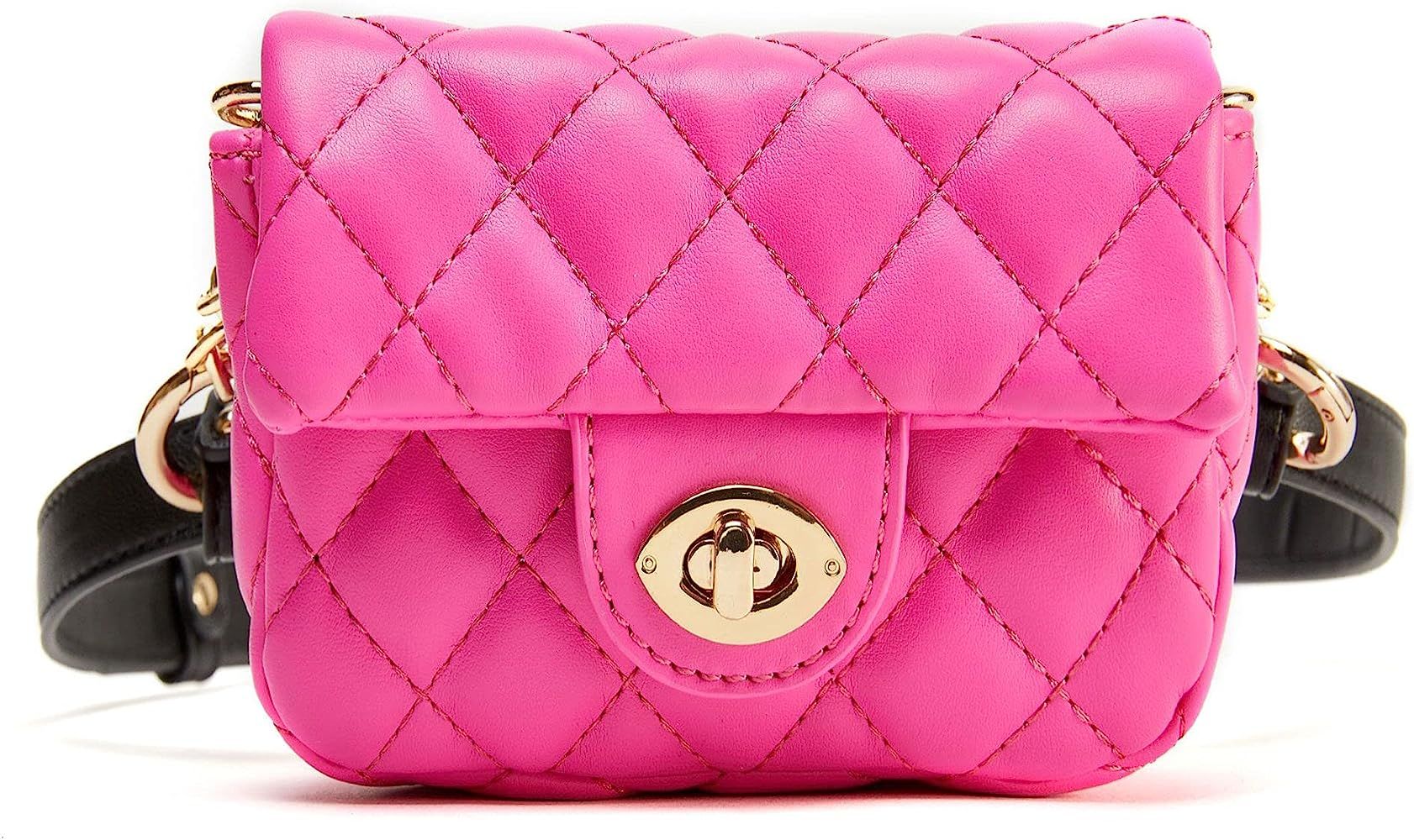 LIKE DREAMS Women's Small Marshmallow Vegan Leather Quilted Turn Lock Fashion Belt Bag (Hot Pink) | Amazon (US)