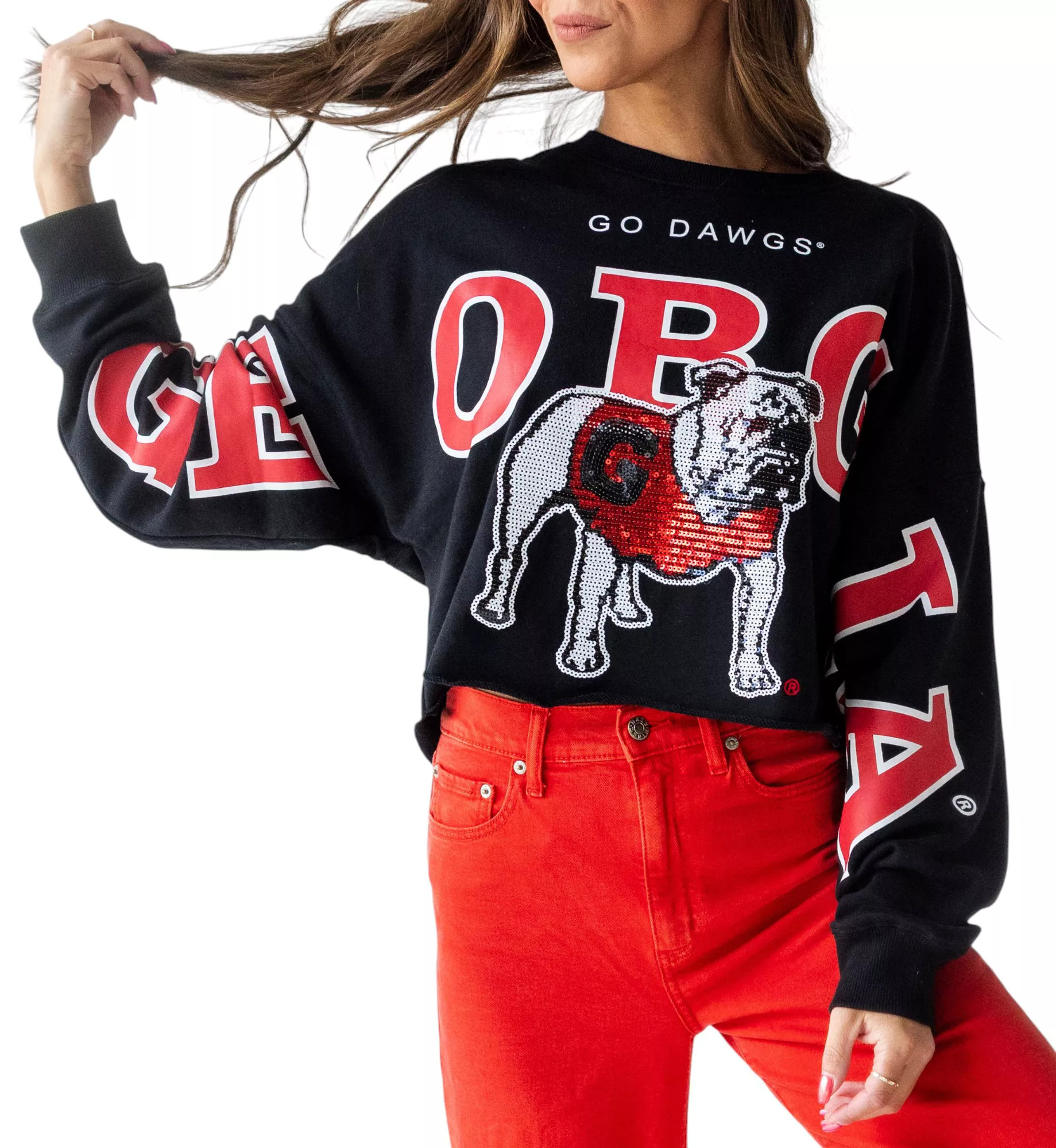 Gameday Social Women's Georgia Bulldogs Red Sequin Crop Crew Pullover Sweatshirt | DICK'S Sporting Goods