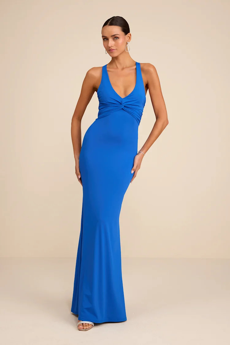 Cazy Royal Blue Jersey Knit Twist-Front Maxi Dress | Lulus