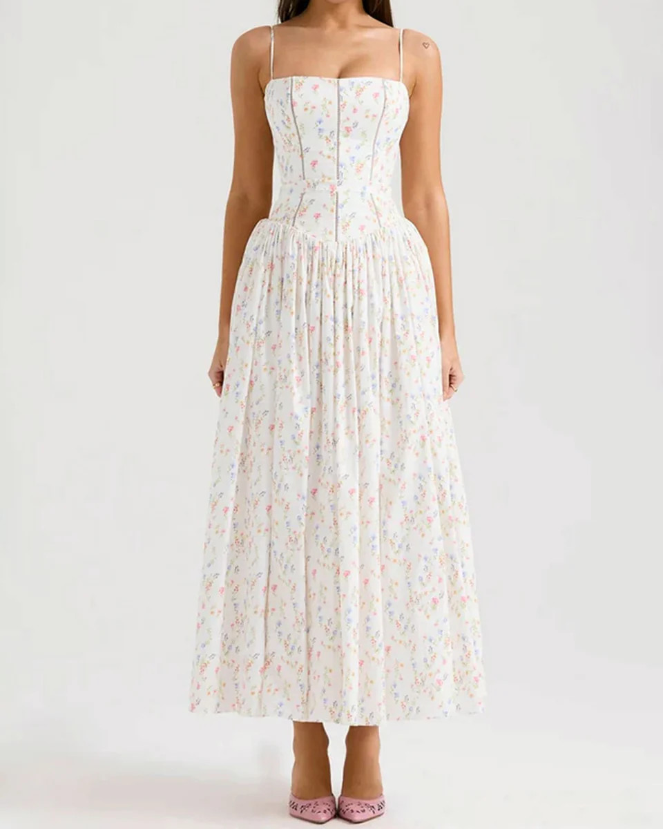 White Floral Slip Midi Dress | rihoas.com