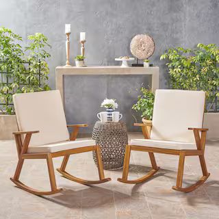 Champlain Teak Brown Wood Outdoor Rocking Chairs with Cream Cushions (2-Pack) | The Home Depot