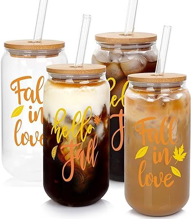 Beer Can Glass with Lids and Straw, ANOTION Iced Coffee Cup Reusable Drinking Jars Glasses Tumble... | Amazon (US)