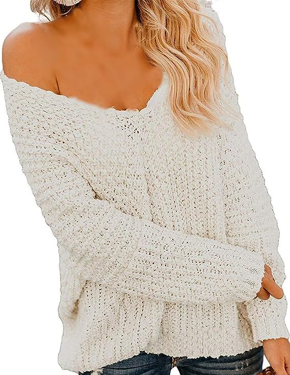 Happy Sailed Women Off Shoulder Sweaters V Neck Long Sleeve Oversized Pullovers Jumpers | Amazon (US)