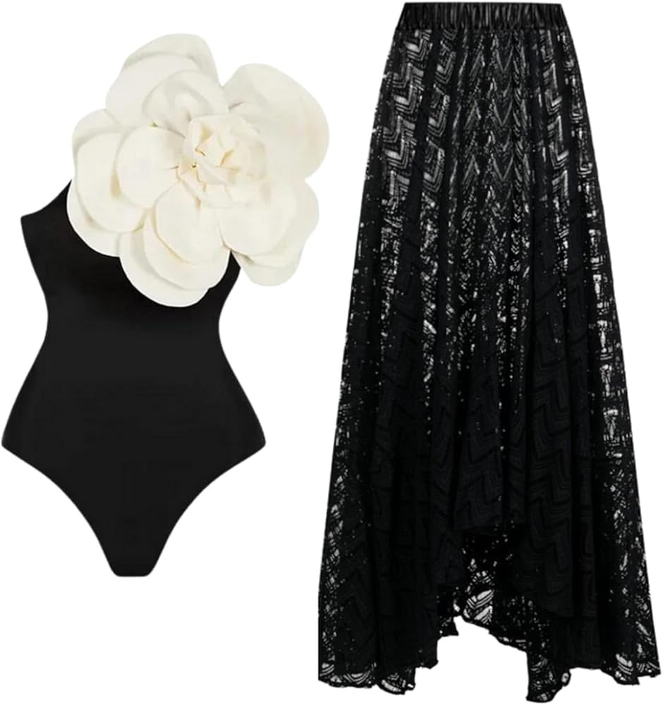 FLAXMAKER Exaggerated White 3D Flower Single Shoulder Solid Color Women's One Piece with Beach Co... | Amazon (US)