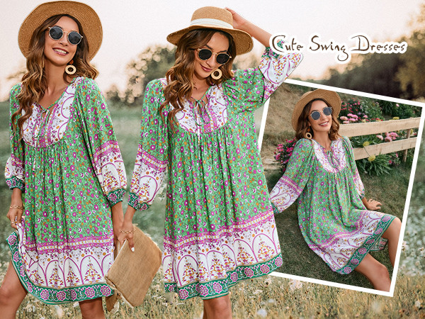 Bluetime Women Casual Summer Dress Boho V Neck 3/4 Sleeve Babydoll Floral Print Flowy Beach Dress | Amazon (US)